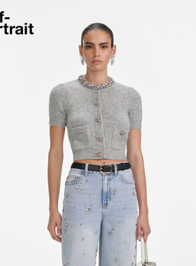 self-portrait 2025秋冬新款浅灰色彩色钻饰短款针织毛衫上衣