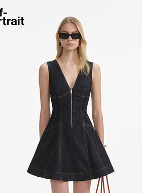 self-portrait 2025早秋新款深牛仔蓝v领牛仔收腰无袖连衣裙短裙