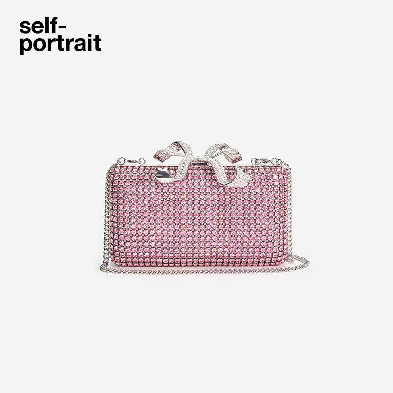 [送礼]self-portrait 2025春夏粉红色满钻蝴蝶结斜挎手拿包