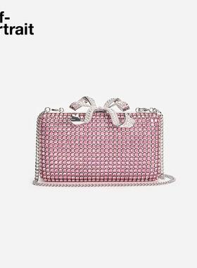 [送礼]self-portrait 2025春夏粉红色满钻蝴蝶结斜挎手拿包