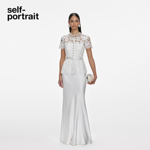 纯净白蕾丝缎面假两件礼服连衣裙 2025秋冬新款 self portrait