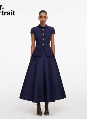 self-portrait 2026早春新款藏蓝色粗花呢塔夫绸假两件连衣裙礼服