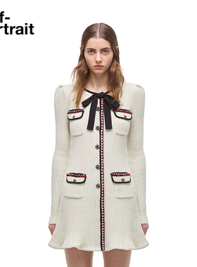 self-portrait 经典蝴蝶结小香风荷叶边针织显瘦连衣裙