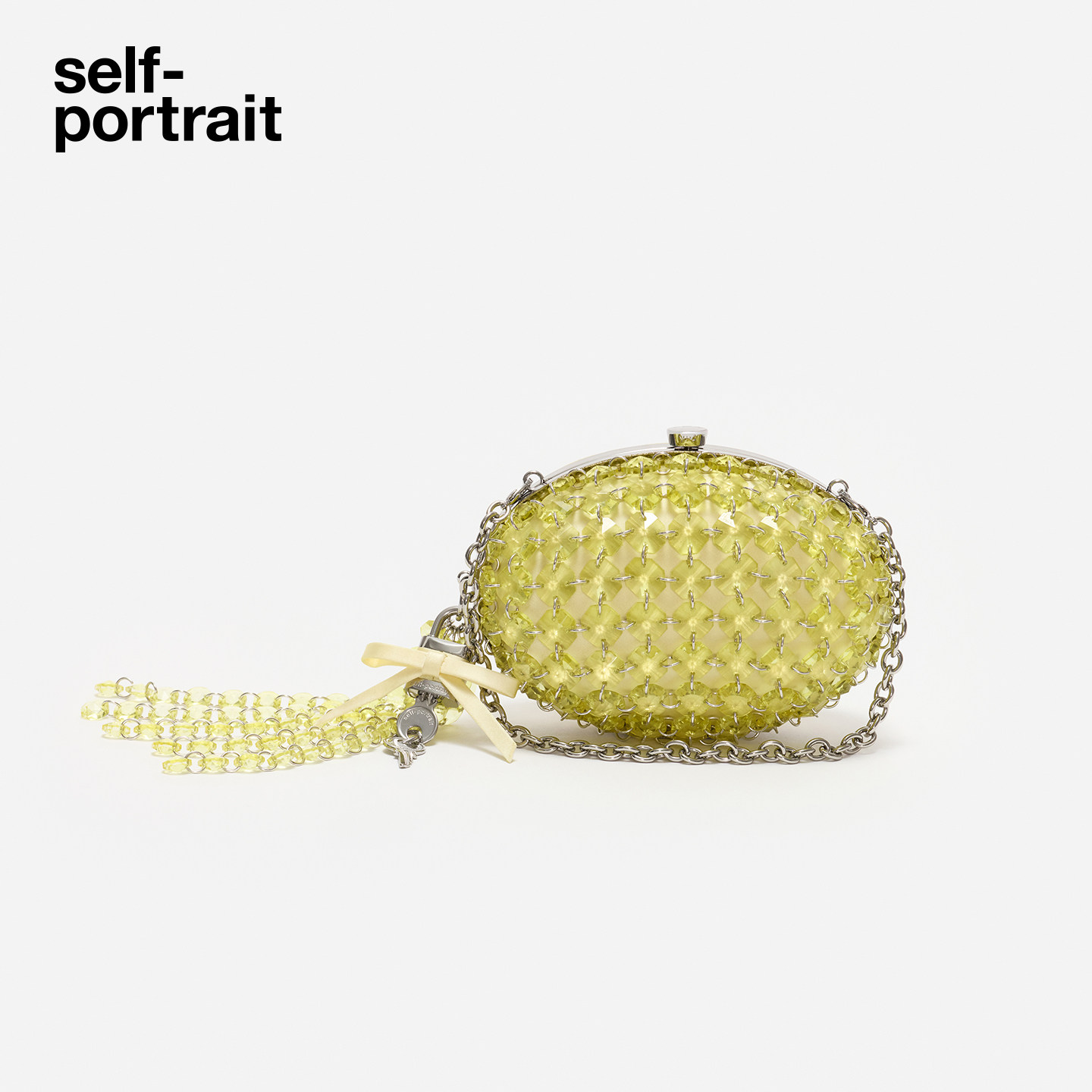 self-portrait 2026早秋新款奶油黄钻饰串珠链条蛋形手拿包