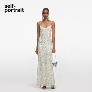 self-portrait 2025秋冬新款香槟杏气质重工钻饰连衣裙礼服裙
