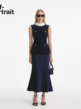 self-portrait 2025早秋新款藏蓝色假两件小香风粗花呢缎面连衣裙