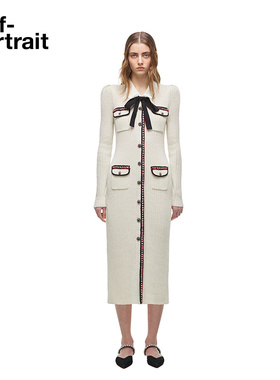 [新年季]self-portrait 秋冬蝴蝶结编织边针织连衣裙长裙