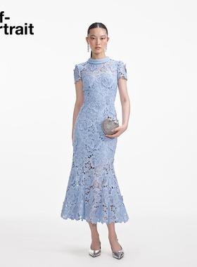 self-portrait 2025春夏薄雾蓝气质高领短袖水溶蕾丝连衣裙