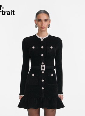 self-portrait 2025秋冬新款经典黑丝绒针织重要场合钻饰连衣裙