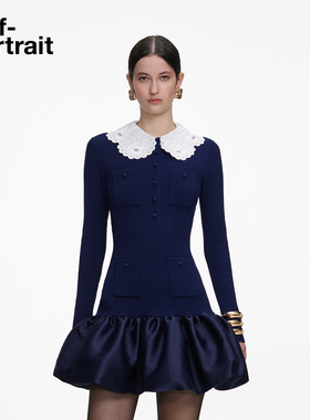 self-portrait 2026早春新款藏蓝色针织塔夫绸花苞裙连衣裙