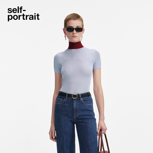 撞色短袖 self 薄雾蓝修身 2025秋冬新款 高领针织打底上衣 portrait