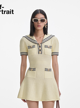 self-portrait 2025春夏新款黄色海军领短袖针织修身连衣裙短裙