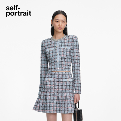 self-portrait钻饰格纹针织毛衫