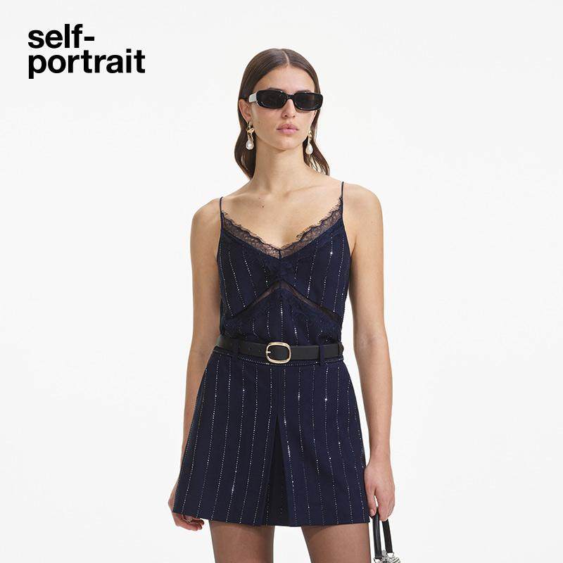 self-portrait 2025春夏藏蓝色蕾丝拼接烫钻条纹吊带背心,女装/女士精品,背心吊带,淘宝优惠券,粉丝福利购,淘宝优惠卷