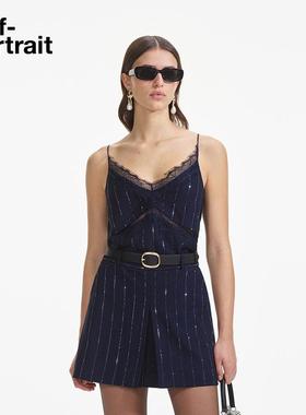 self-portrait 2025春夏藏蓝色蕾丝拼接烫钻条纹吊带背心