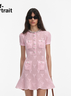 self-portrait 2025早秋新款粉红色钻饰芭蕾蝴蝶结短袖针织连衣裙