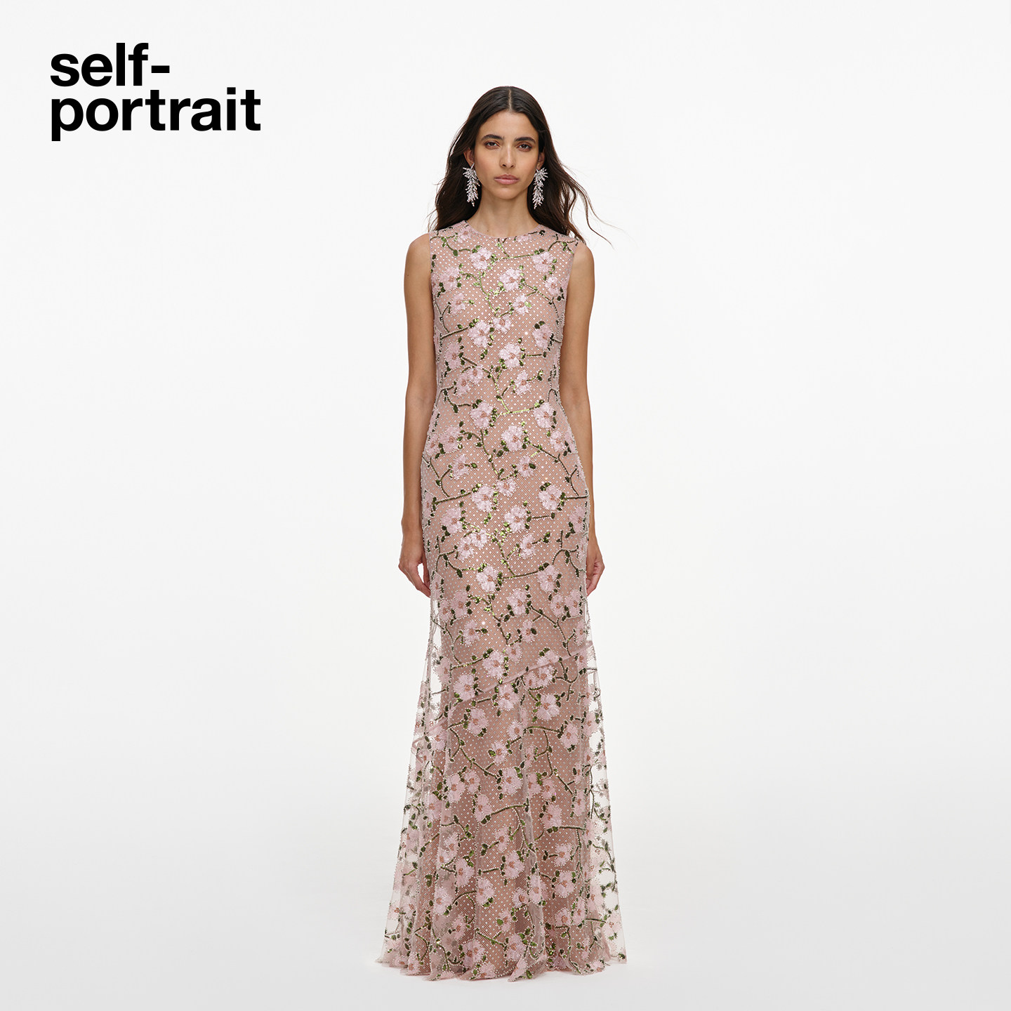 self-portrait 2026秋冬新款粉花卉刺绣珠饰无袖礼服连衣裙