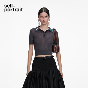 self-portrait 2026早春新款灰混色短袖绵羊毛刺绣针织毛衫上衣