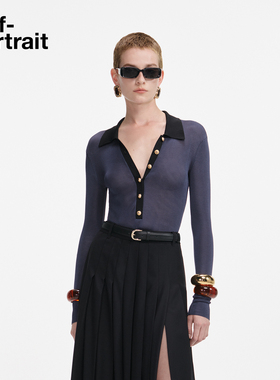 self-portrait 2025秋冬新款藏蓝色撞色亨利领针织衫连体衣上衣