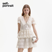 春夏象牙白短袖 self portrait 千金风蕾丝连衣裙白月光裙