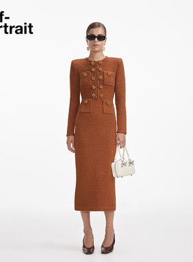 self-portrait 秋冬深棕色雅丹风华夫格针织连衣裙中长裙