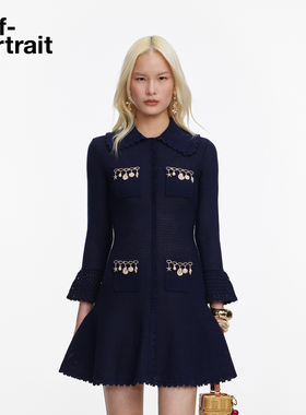 self-portrait 2026春夏新款藏蓝色设计感通勤针织翻领连衣裙
