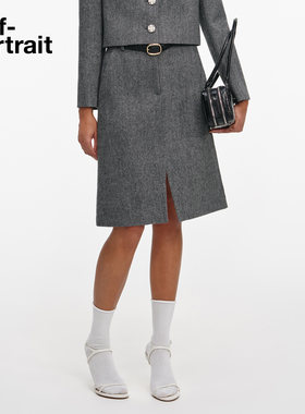 self-portrait 2026早春新款灰混色通勤人字纹a字羊毛混纺半身裙