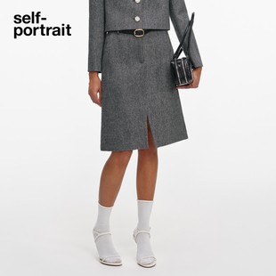 灰混色通勤人字纹a字羊毛混纺半身裙 2026早春新款 self portrait