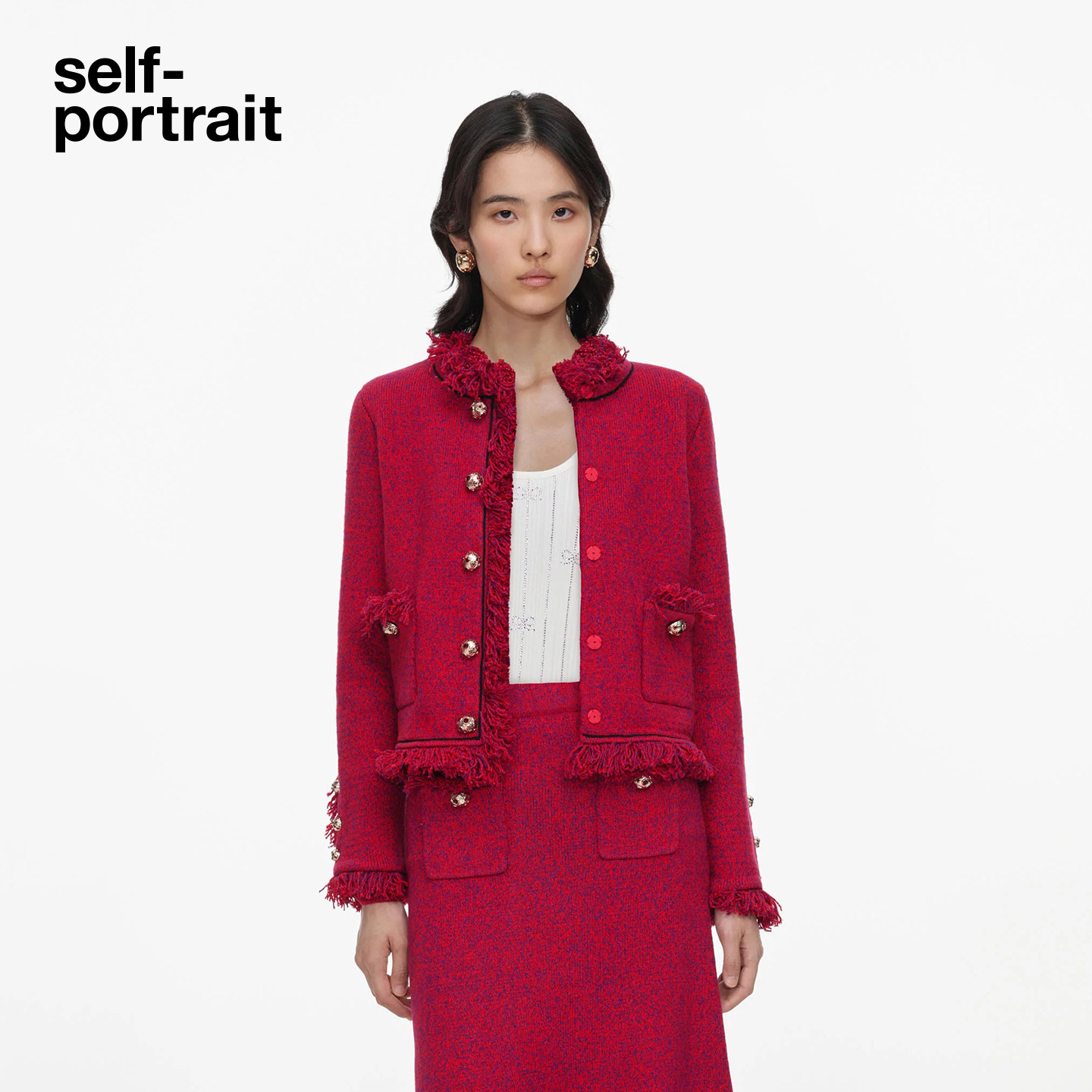 self-portrait 2026秋冬新款正红色毛边小香风针织外套上衣