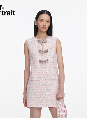 self-portrait 2026春夏新款粉红色甜美蝴蝶结亮片粗花呢连衣裙
