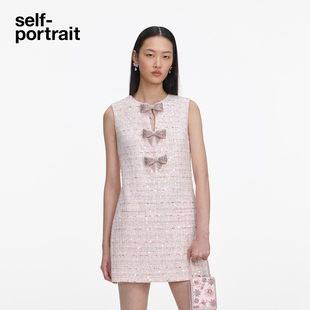 self-portrait 2026春夏新款粉红色甜美蝴蝶结亮片粗花呢连衣裙