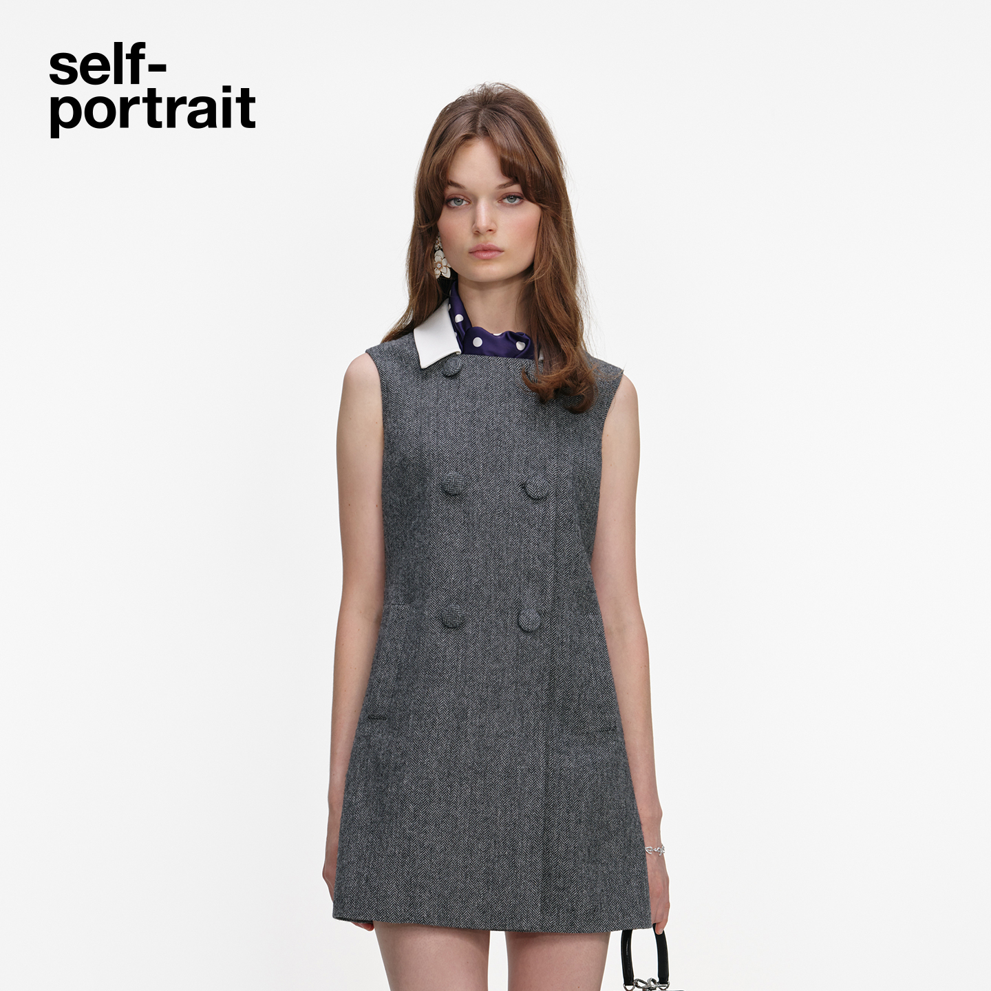 self-portrait翻领人字纹连衣裙