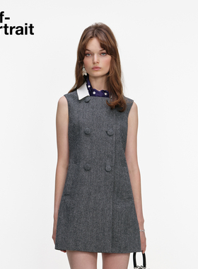 self-portrait 2026早春新款灰混色重要场合可拆丝巾人字纹连衣裙