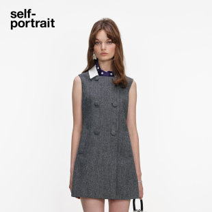 灰混色重要场合可拆丝巾人字纹连衣裙 2026早春新款 self portrait