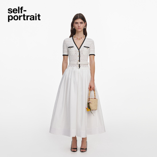 self-portrait 2026早秋新款象牙白撞色饰边短袖针织蓬蓬裙连衣裙