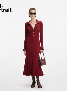 self-portrait 2025秋冬新款酒红色气质通勤翻领针织连衣裙长裙