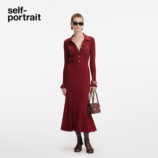 酒红色气质通勤翻领针织连衣裙长裙 2025秋冬新款 self portrait