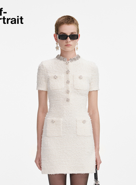 self-portrait 2025秋冬新款象牙白小香风钻饰短袖针织连衣裙