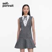 2026春夏新款 self portrait 灰混色人字纹荷叶边蝴蝶结连衣裙