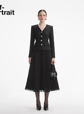 self-portrait 秋冬经典黑卢勒克斯粗花呢假两件连衣裙