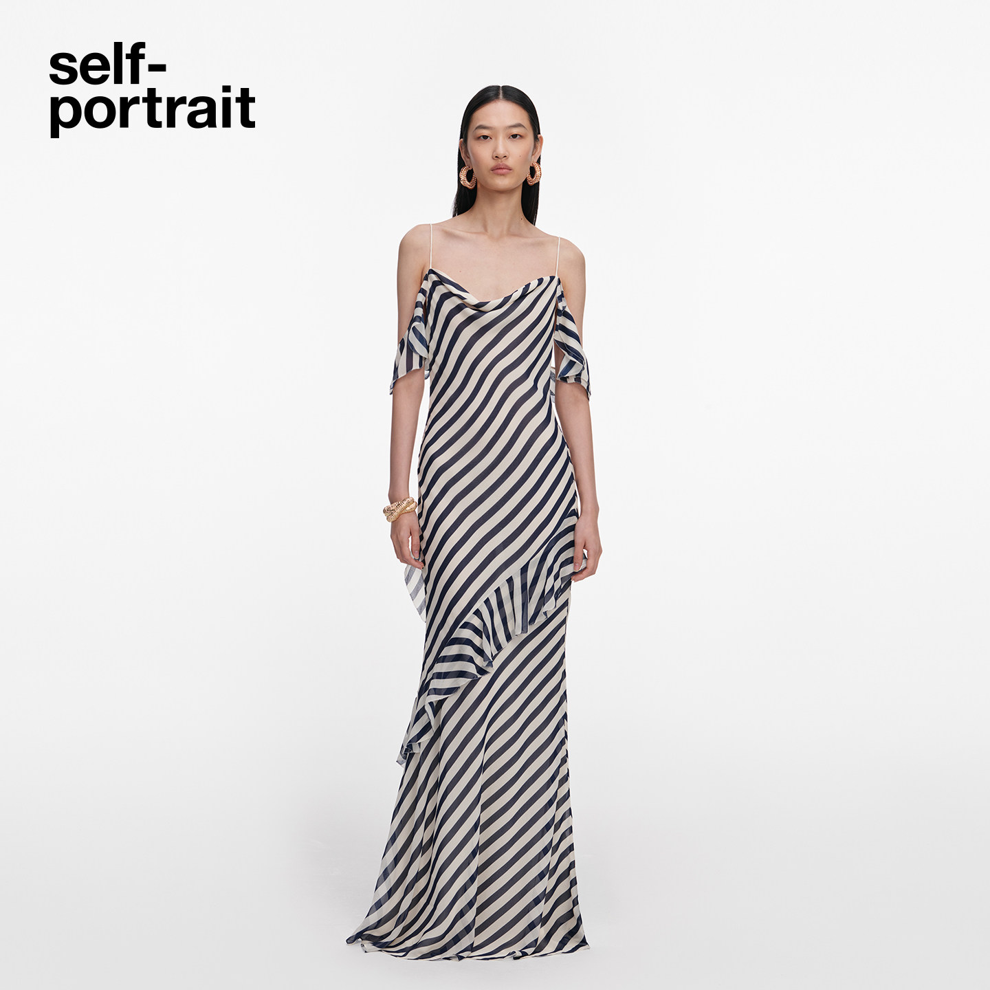 self-portrait 2026春夏新款蓝条纹设计感吊带雪纺礼服连衣裙