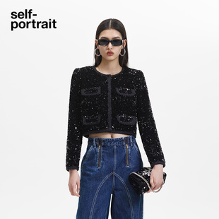 外套上衣 self portrait 秋冬经典 黑气质精致亮片圆领长袖