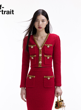 [新年开运红]self-portrait 早春红色钻扣金色饰边针织上衣