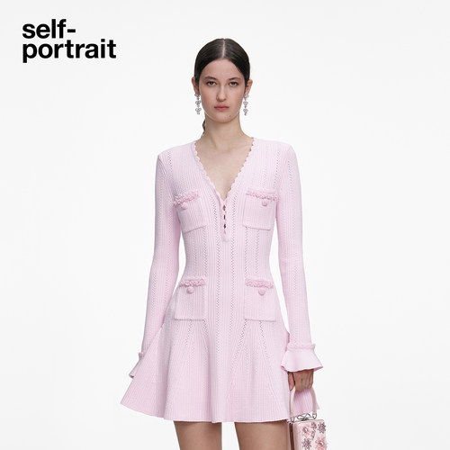 self-portraitV领针织连衣裙