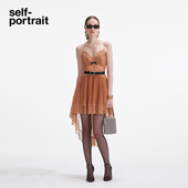 self portrait 2025春夏浅咖色波嬉风波点网纱吊带礼服连衣裙