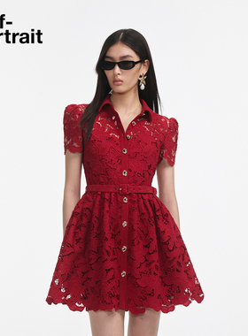 self-portrait 2025早秋新款正红色气质短袖翻领蕾丝连衣裙短裙