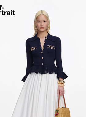 self-portrait 2026春夏新款藏蓝色通勤串珠翻领针织开衫外套上衣