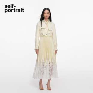 奶油黄蝴蝶结缎面蕾丝拼接连衣裙 2026春夏新款 self portrait