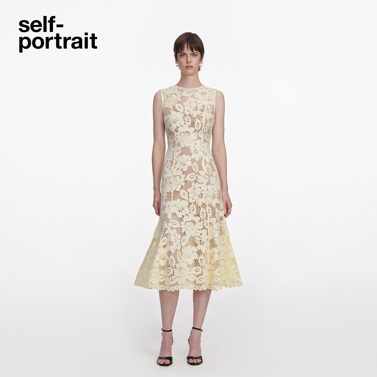 self-portrait 2026春夏新款奶油黄优雅无袖蕾丝连衣裙中长裙