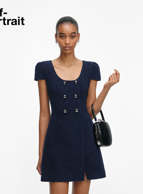 self-portrait 2026早春新款藏蓝色粗花呢双排扣连衣裙短裙